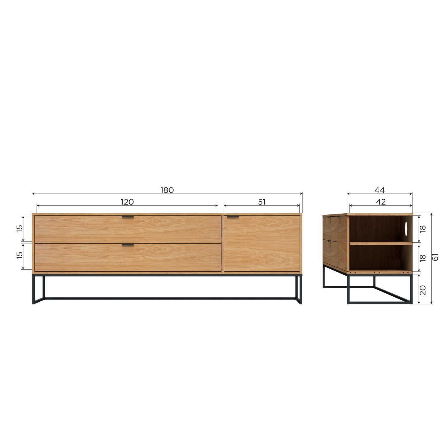 Mobile TV 1 cassetto in legno melanimico Silas 60,5x180 cm