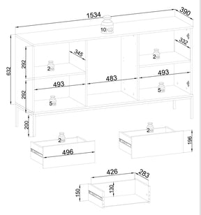 Credenza a 2 ante e 3 cassetti con LED integrato Nero e Rovere Aura 154x83 cm