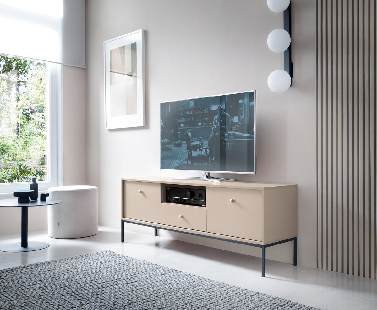 Mobile TV Beige con piedi 2 ante e 1 cassetto in legno laminato Canterno 154x39 cm