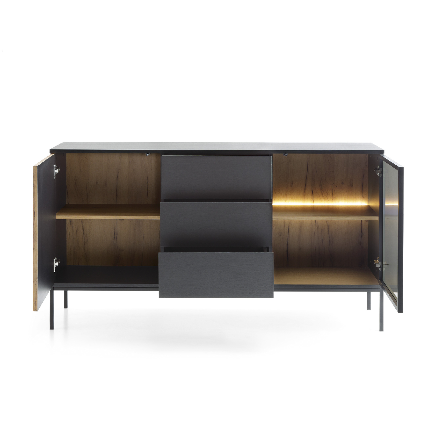 Credenza a 2 ante e 3 cassetti con LED integrato Nero e Rovere Aura 154x83 cm