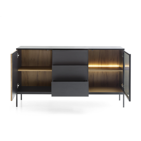 Credenza a 2 ante e 3 cassetti con LED integrato Nero e Rovere Aura 154x83 cm