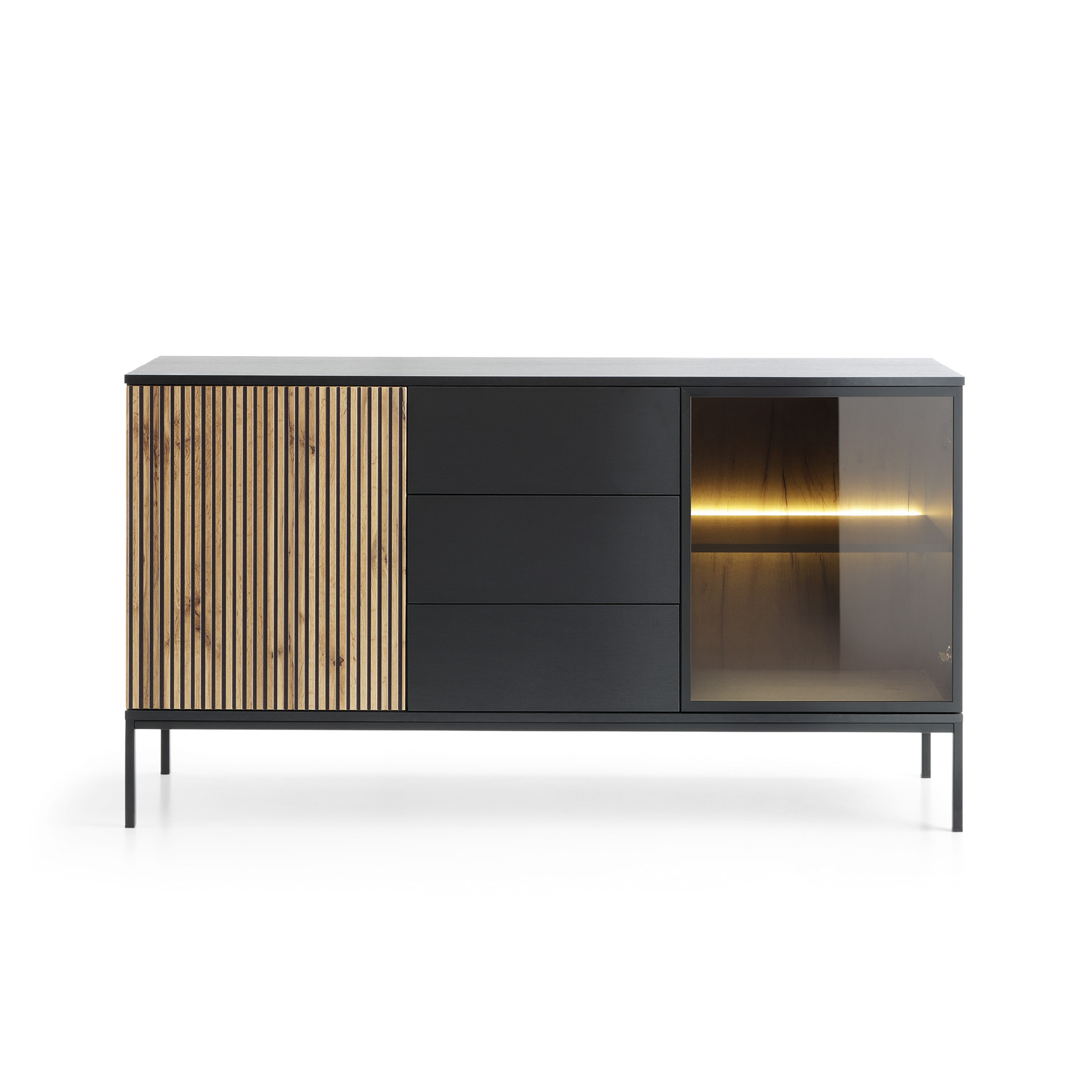 Credenza a 2 ante e 3 cassetti con LED integrato Nero e Rovere Aura 154x83 cm