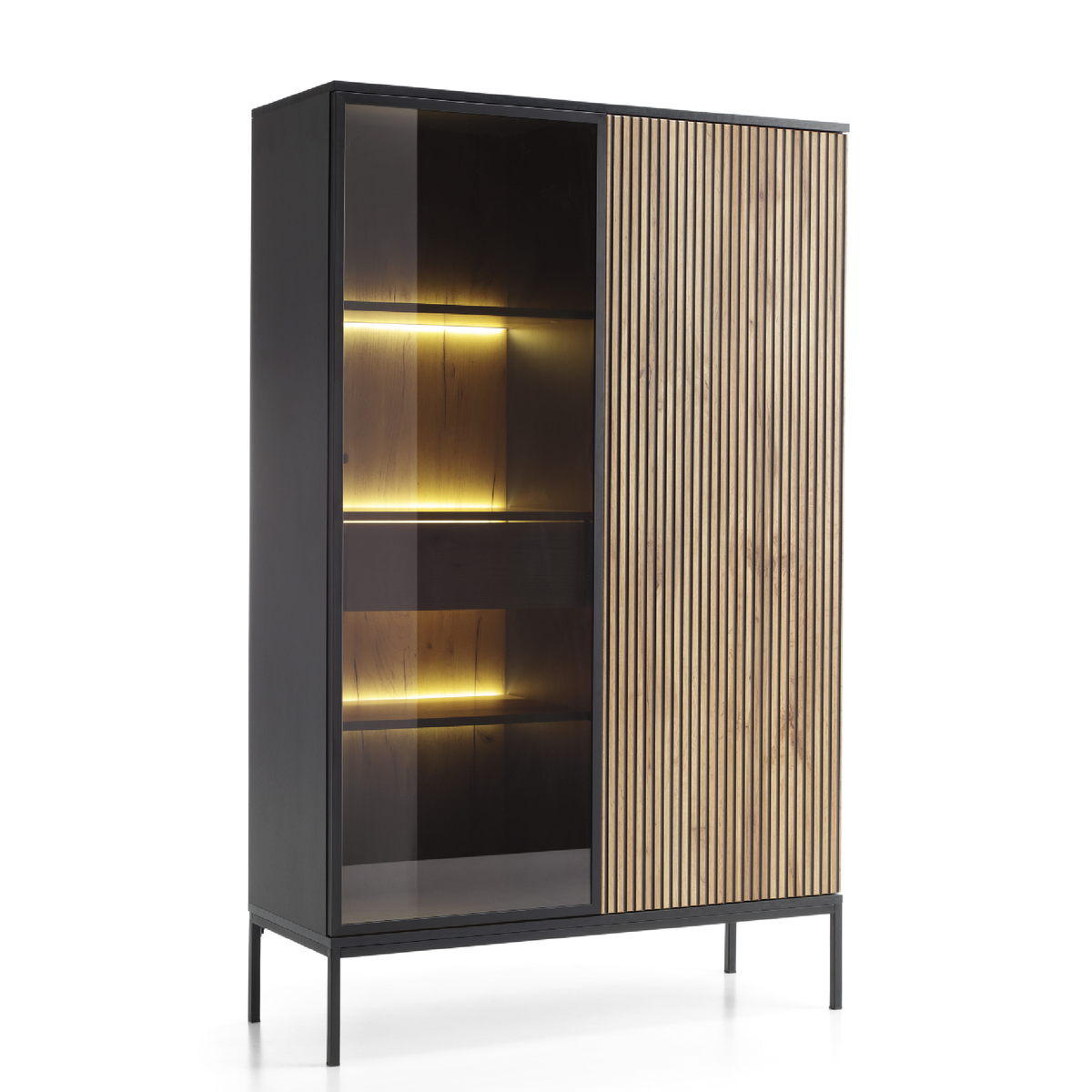 Vetrina con 2 ante e LED integrato Nero e Rovere Aura 104x166 cm