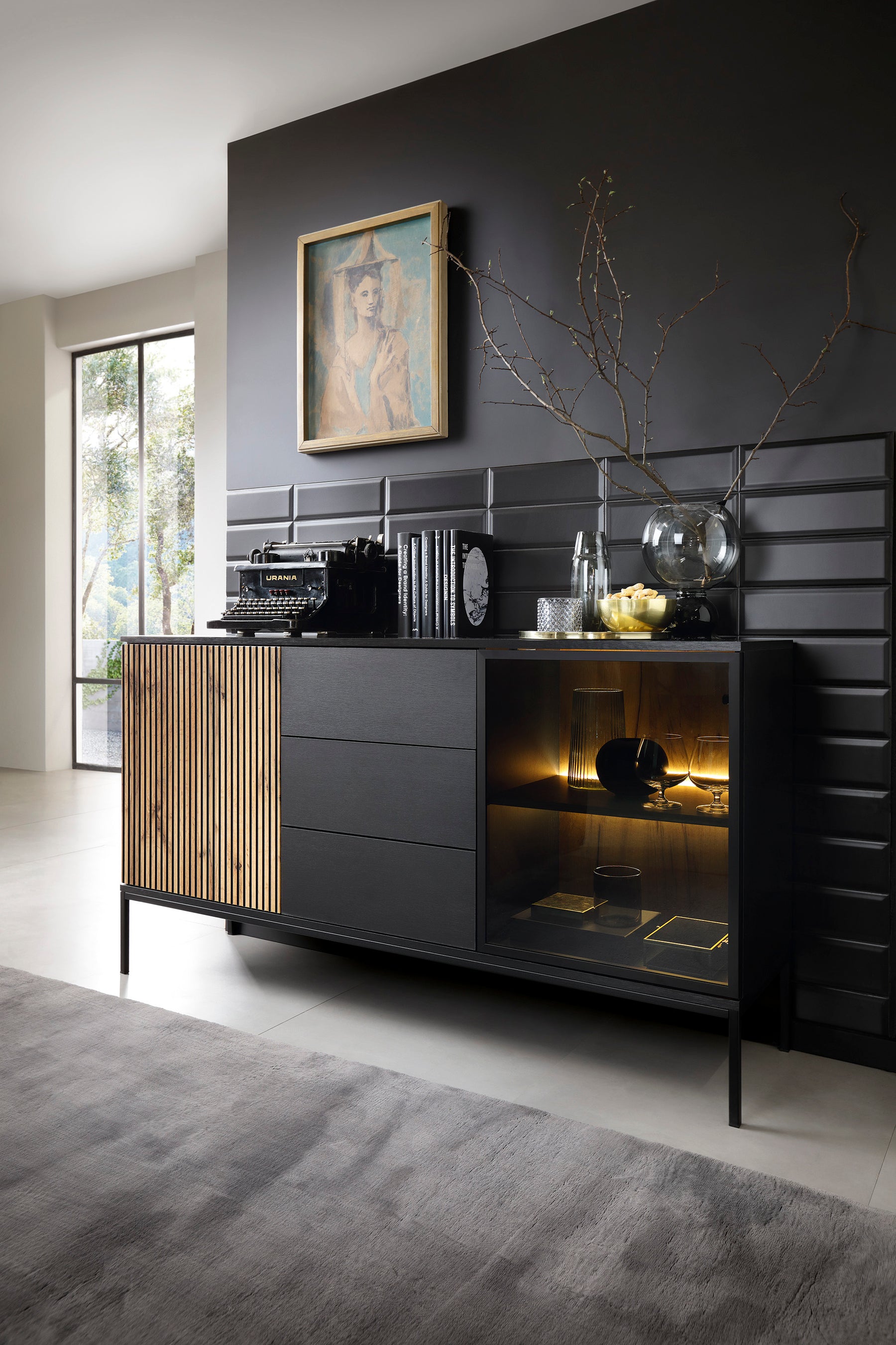 Credenza a 2 ante e 3 cassetti con LED integrato Nero e Rovere Aura 154x83 cm