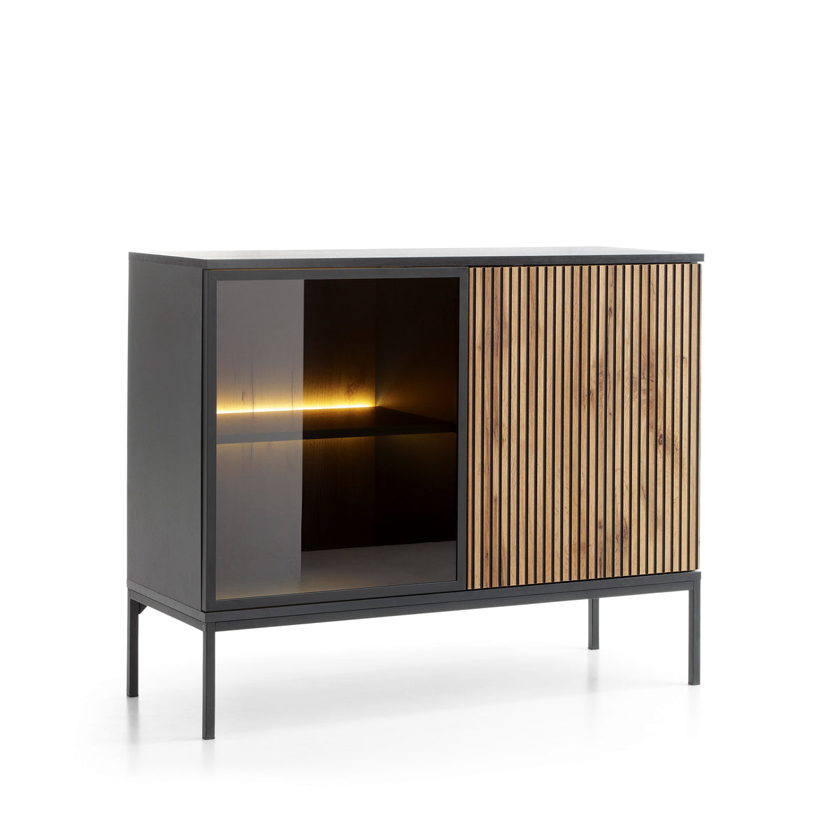 Credenza a 2 ante con LED integrato Nero e Rovere Aura 104x83 cm