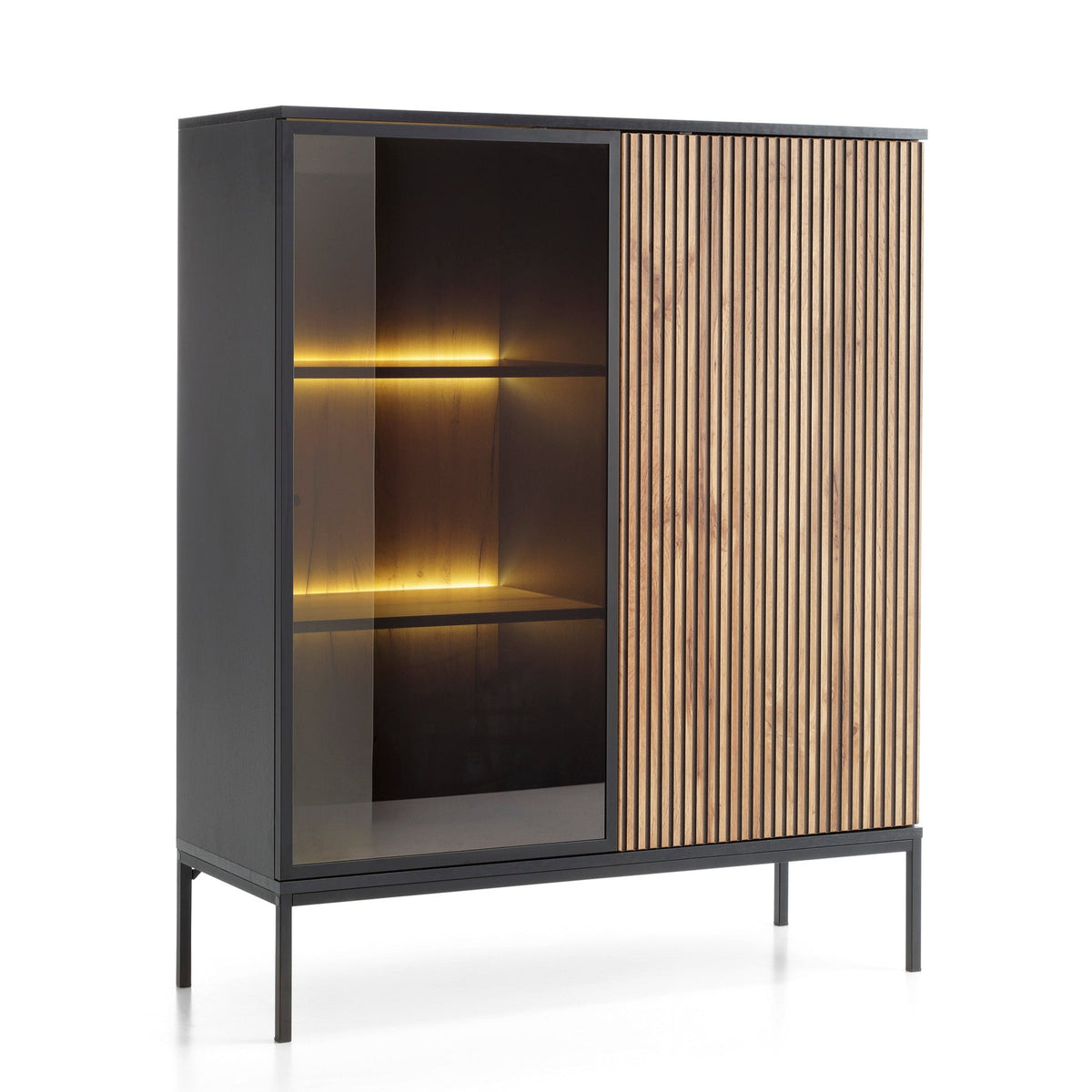 Vetrina con 2 ante e LED integrato nero e rovere Aura 104x126 cm