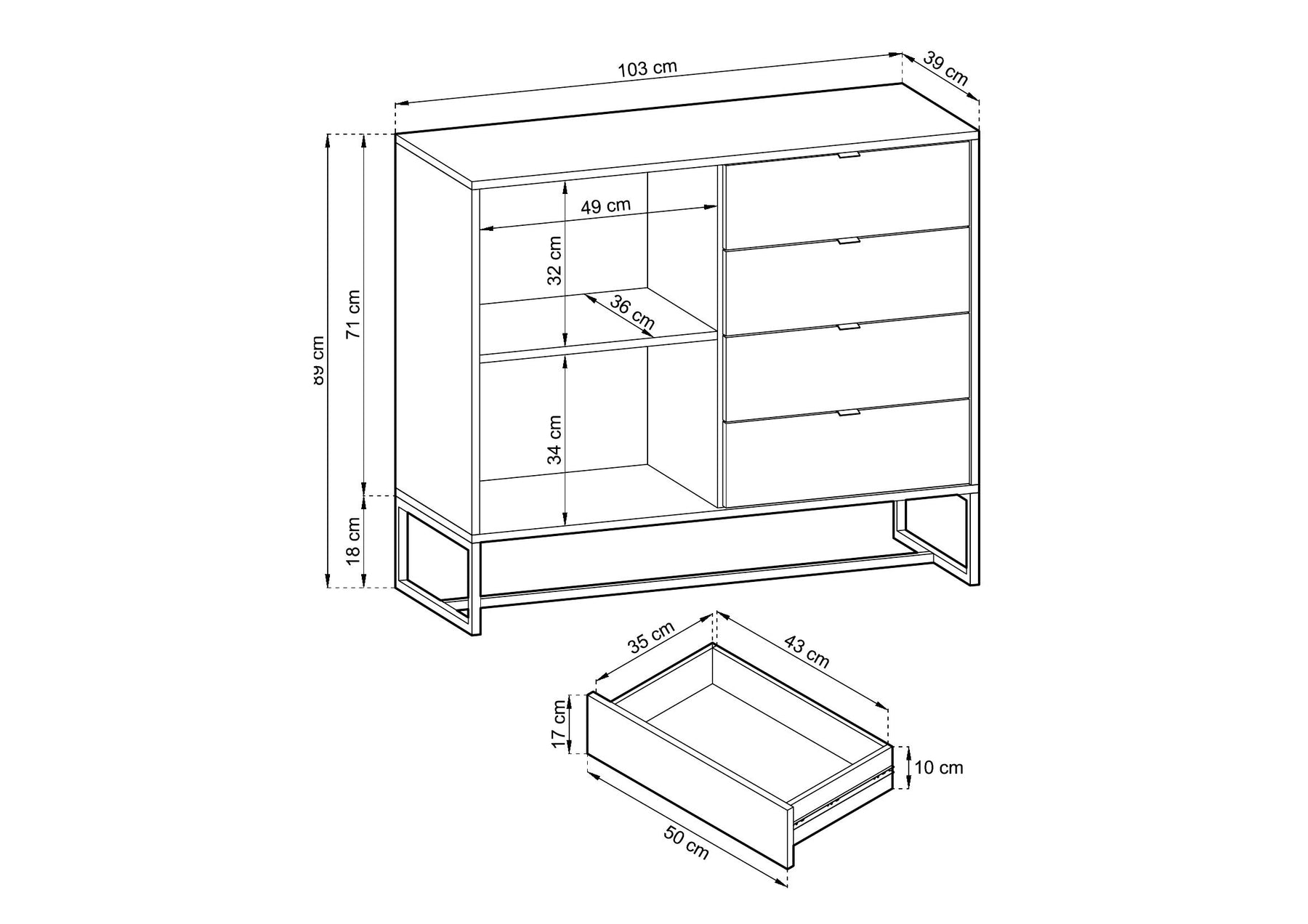 Credenza 1 anta 4 cassetti in legno laminato Ambra 103X89 cm