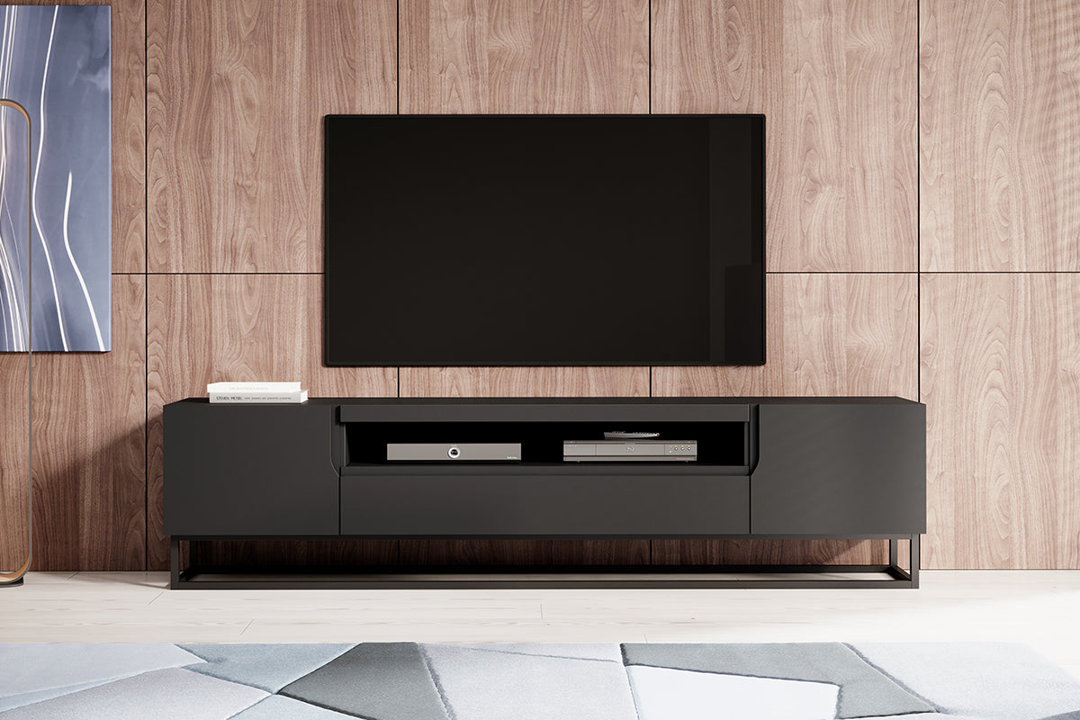 Mobile TV 2 ante 1 cassetto a ribalta in legno laminato con piede in metallo Loftia 200 x 37 cm