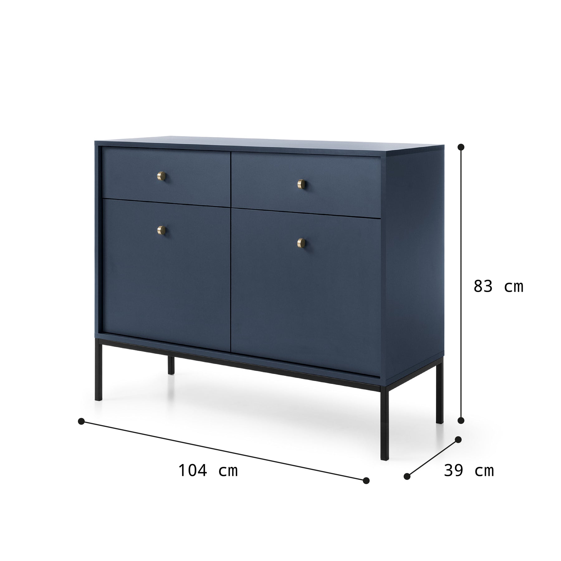 Madia con piedi 2 ante e 2 cassetti in legno laminato blu Canterno 104x39 cm