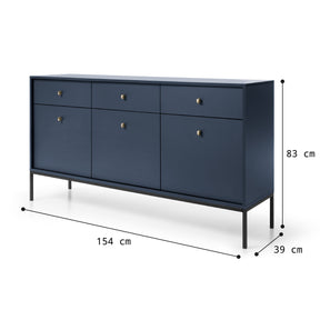 Madia con piedi 3 ante e 3 cassetti in legno laminato blu Canterno 154x39 cm