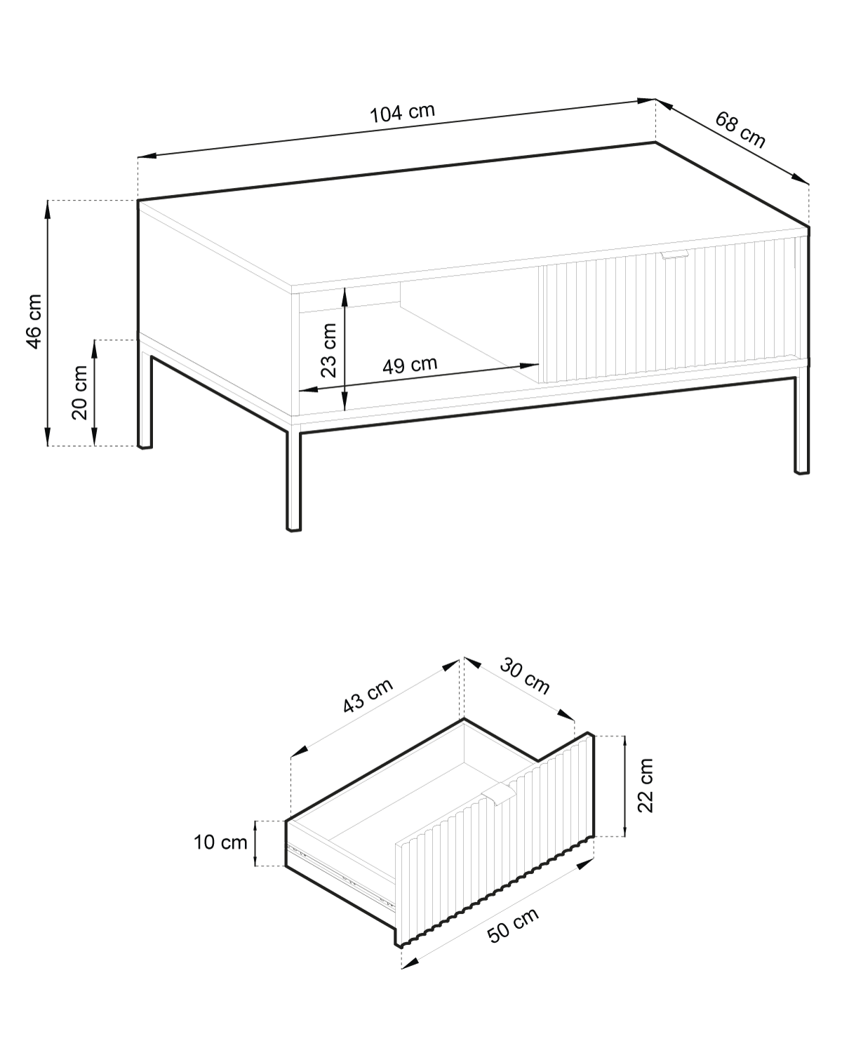 Tavolino nero con piedi in metallo 1 cassetto ed 1 vano in legno laminato 104 x 68 cm Miseno