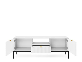 Mobile TV bianco con piedi in metallo 2 ante e 1 cassetto in legno laminato 154x56 cm Miseno