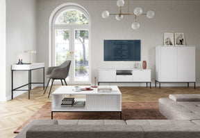 Mobile TV bianco con piedi in metallo 2 ante e 1 cassetto in legno laminato 154x56 cm Miseno