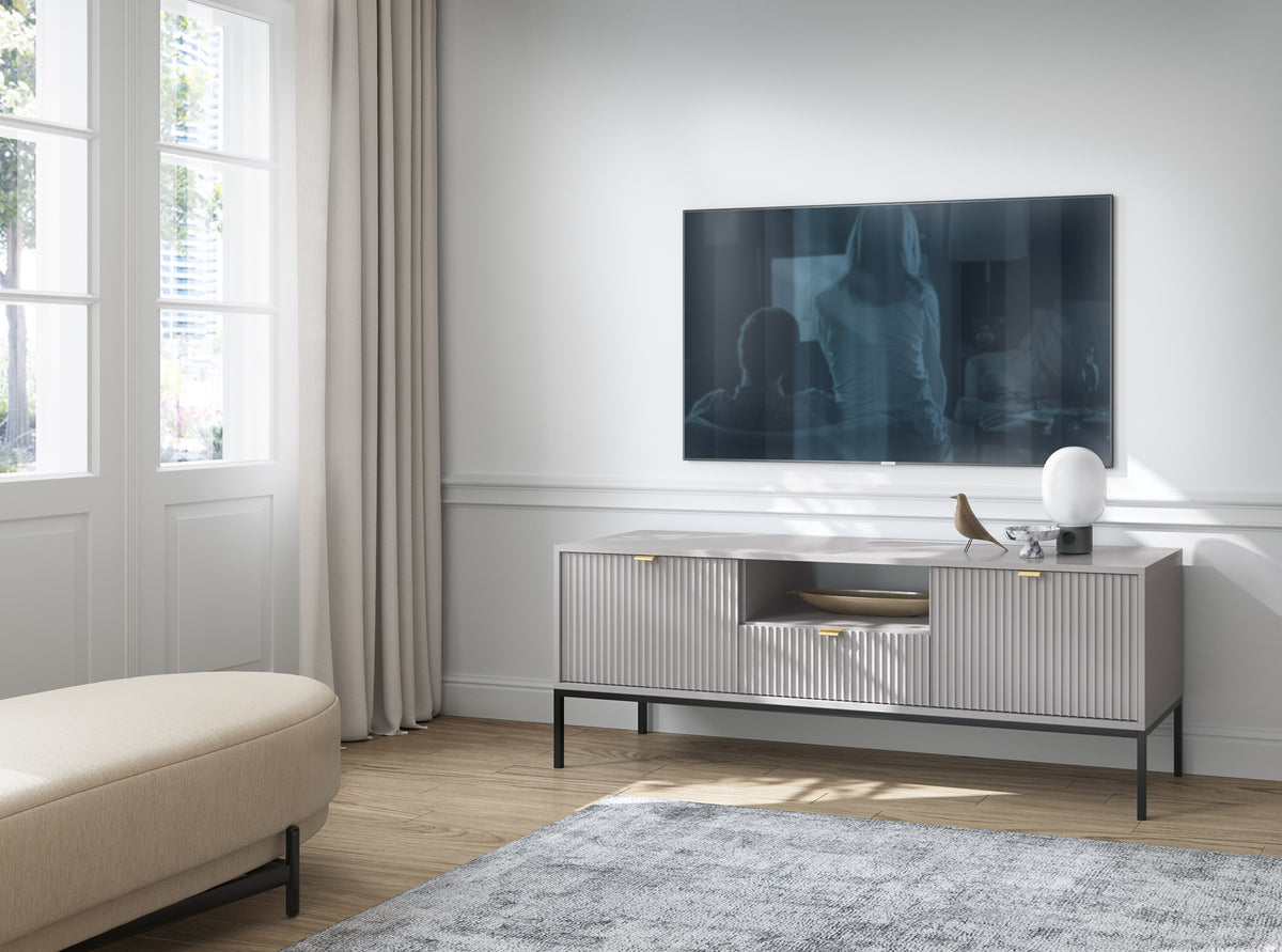 Mobile TV grigio con piedi in metallo 2 ante e 1 cassetto in legno laminato 154x56 cm Miseno